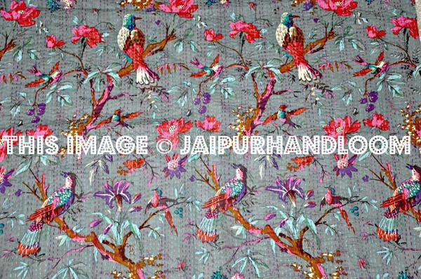 Gray Kantha quilt- Blanket, Quilt In Gray Color, Bird Kantha Quilt, Bedspread, Handmade Cotton Kantha Throw, Floral quilt, Indian Sari Quilt-Jaipur Handloom