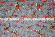 Gray Kantha quilt- Blanket, Quilt In Gray Color, Bird Kantha Quilt, Bedspread, Handmade Cotton Kantha Throw, Floral quilt, Indian Sari Quilt-Jaipur Handloom
