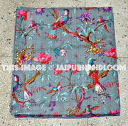 Gray Kantha quilt- Blanket, Quilt In Gray Color, Bird Kantha Quilt, Bedspread, Handmade Cotton Kantha Throw, Floral quilt, Indian Sari Quilt-Jaipur Handloom