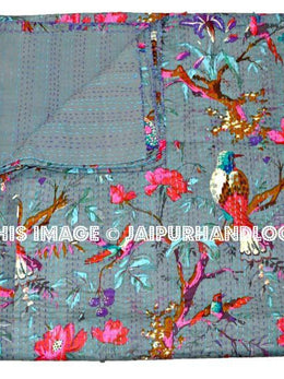 Gray Kantha quilt- Blanket, Quilt In Gray Color, Bird Kantha Quilt, Bedspread, Handmade Cotton Kantha Throw, Floral quilt, Indian Sari Quilt