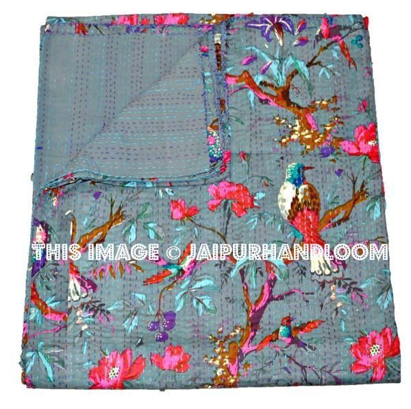 Gray Kantha quilt- Blanket, Quilt In Gray Color, Bird Kantha Quilt, Bedspread, Handmade Cotton Kantha Throw, Floral quilt, Indian Sari Quilt-Jaipur Handloom