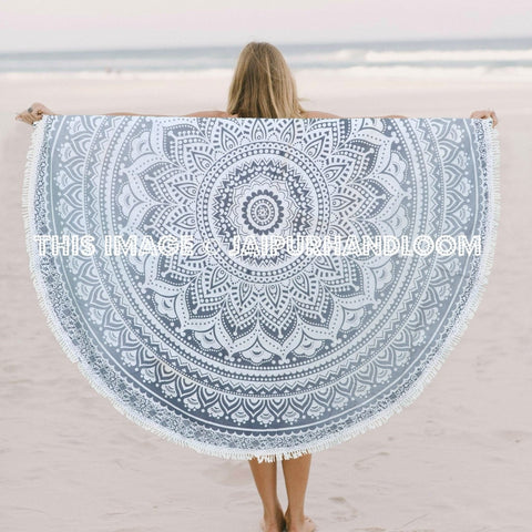 Gray White Round Mandala towel Tassel Beach Throw Yoga Mat Table Cloth-Jaipur Handloom