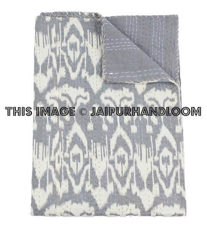 Gray ikat bedspread Queen ikat quilt throw bed cover-Jaipur Handloom