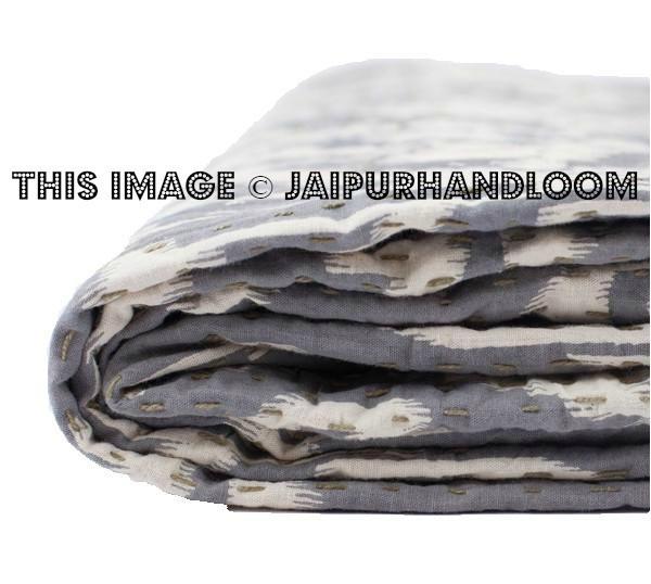 Gray ikat bedspread Queen ikat quilt throw bed cover-Jaipur Handloom
