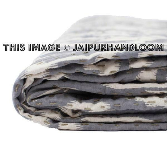 Gray ikat bedspread Queen ikat quilt throw bed cover-Jaipur Handloom
