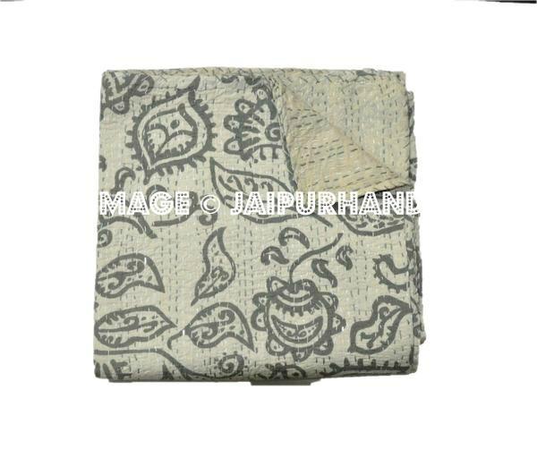 Gray paisley Kantha Quilt Kantha Blanket Bedspread Throw