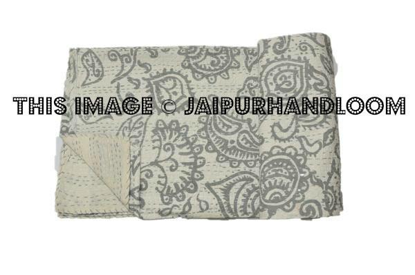 Gray paisley Kantha Quilt Kantha Blanket Bedspread Throw
