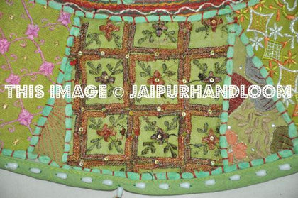 Green 22" Patchwork Round Floor Pillow Cushion round embroidered Bohemian Patchwork floor cushion pouf Vintage Indian Foot Stool Bean Bag Green-Jaipur Handloom