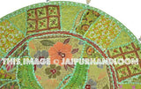 Green 22" Patchwork Round Floor Pillow Cushion round embroidered Bohemian Patchwork floor cushion pouf Vintage Indian Foot Stool Bean Bag Green-Jaipur Handloom