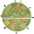 Green 22" Patchwork Round Floor Pillow Cushion round embroidered Bohemian Patchwork floor cushion pouf Vintage Indian Foot Stool Bean Bag Green-Jaipur Handloom