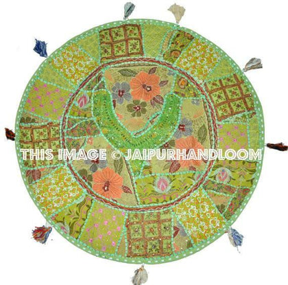 Green 22" Patchwork Round Floor Pillow Cushion round embroidered Bohemian Patchwork floor cushion pouf Vintage Indian Foot Stool Bean Bag Green-Jaipur Handloom