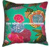 Green Bohemian Kantha Pillows, Hippie pillow, couch pillows, decorative throw pillows, indian kantha cushions-Jaipur Handloom