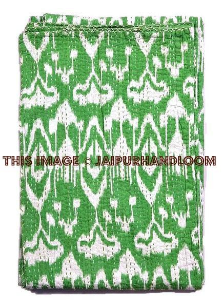 Green Ikat Quilt, Kantha Quilt, Kantha Bedspread, Kantha Throw, Ikat Bedspread, Twin Kantha Bed Cover, Twin Coverlet, Ikat Bed Cover Bedding-Jaipur Handloom