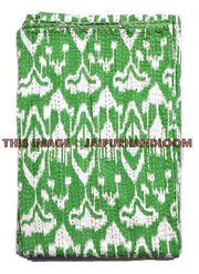 Green Ikat Quilt, Kantha Quilt, Kantha Bedspread, Kantha Throw, Ikat Bedspread, Twin Kantha Bed Cover, Twin Coverlet, Ikat Bed Cover Bedding-Jaipur Handloom