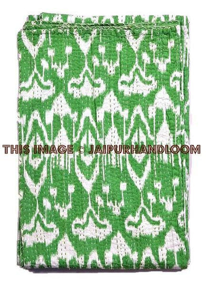 Green Ikat Quilt, Kantha Quilt, Kantha Bedspread, Kantha Throw, Ikat Bedspread, Twin Kantha Bed Cover, Twin Coverlet, Ikat Bed Cover Bedding-Jaipur Handloom