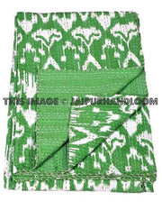Green Ikat Quilt, Kantha Quilt, Kantha Bedspread, Kantha Throw, Ikat Bedspread, Twin Kantha Bed Cover, Twin Coverlet, Ikat Bed Cover Bedding-Jaipur Handloom