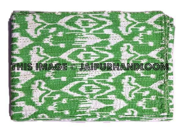 Green Ikat Quilt, Kantha Quilt, Kantha Bedspread, Kantha Throw, Ikat Bedspread, Twin Kantha Bed Cover, Twin Coverlet, Ikat Bed Cover Bedding-Jaipur Handloom