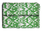 Green Ikat Quilt, Kantha Quilt, Kantha Bedspread, Kantha Throw, Ikat Bedspread, Twin Kantha Bed Cover, Twin Coverlet, Ikat Bed Cover Bedding-Jaipur Handloom