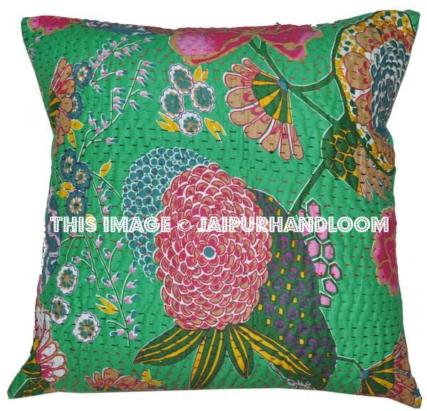 Green Kantha Cushion Cover, Handmade Floral Kantha Pillow, Kantha Decorative throw Pillow, Floral Cushion, Indian Pillow, Cotton Pillow-Jaipur Handloom