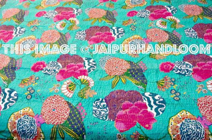 Green Kantha Quilt Bed Cover, Sari Indian Quilt, Kantha Throw Kantha Blanket, Indian Bedspread, Kantha bedspread, Bohemian Bedding