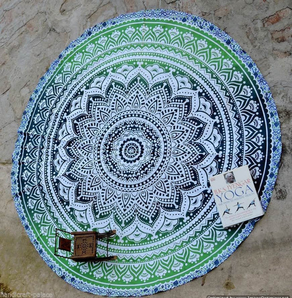 Green Ombre Beach Round Towel boho chic round mandala tapestry-Jaipur Handloom