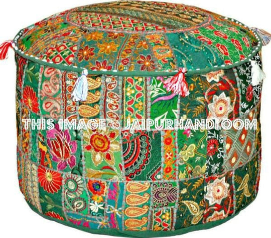 Green Pouf Ottoman-Jaipur Handloom
