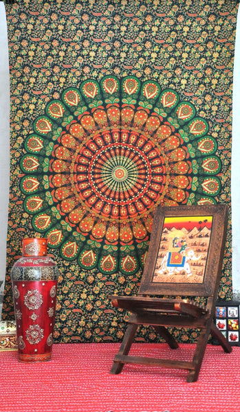 Green Psychedelic Mandala Tapestry Large Indian Mandala Bed cover throw-Jaipur Handloom