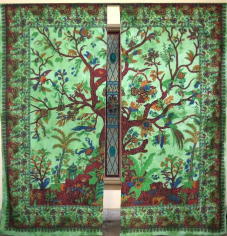Green Tree of life 2 panels window hanging drapes bohemian door curtains-Jaipur Handloom