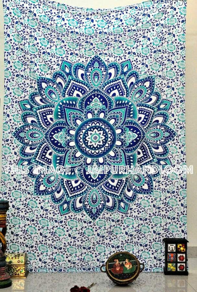 Green cotton bedsheet hippie beach throw towel dorm room wall tapestry-Jaipur Handloom