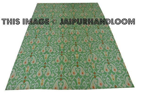 Green kantha quilt in ikat print Queen kantha blanket Throw
