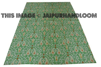 Green kantha quilt in ikat print Queen kantha blanket Throw