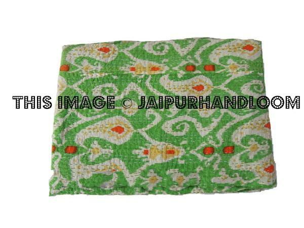 Green kantha quilt in ikat print Queen kantha blanket Throw