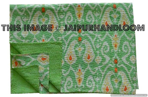 Green kantha quilt in ikat print Queen kantha blanket Throw