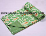 Green kantha quilt in ikat print Queen kantha blanket Throw