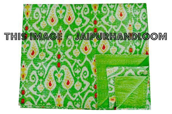 Green kantha quilt in ikat print Queen kantha blanket Throw