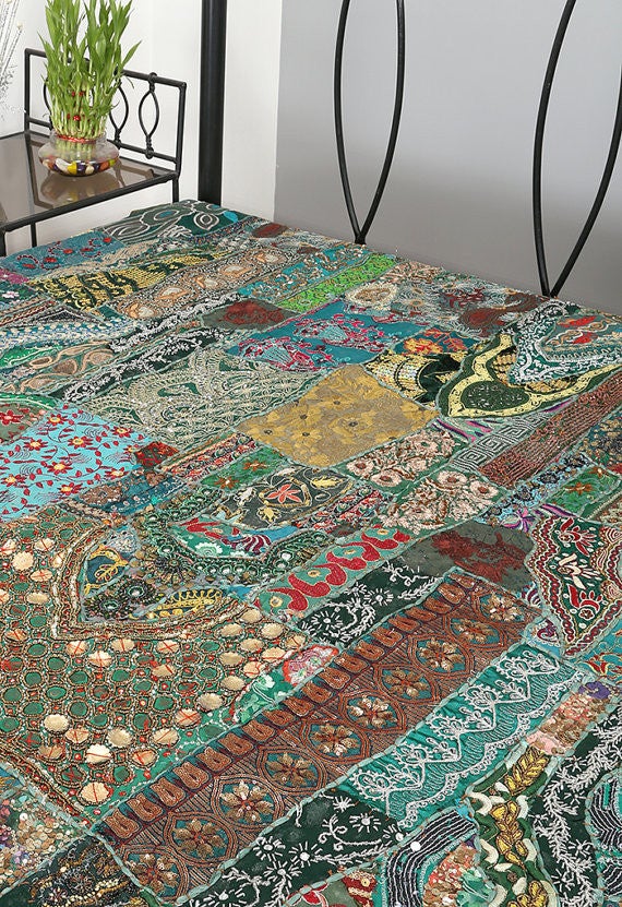 Green patchwork bedspread indian embroidered queen bedding bed cover-Jaipur Handloom