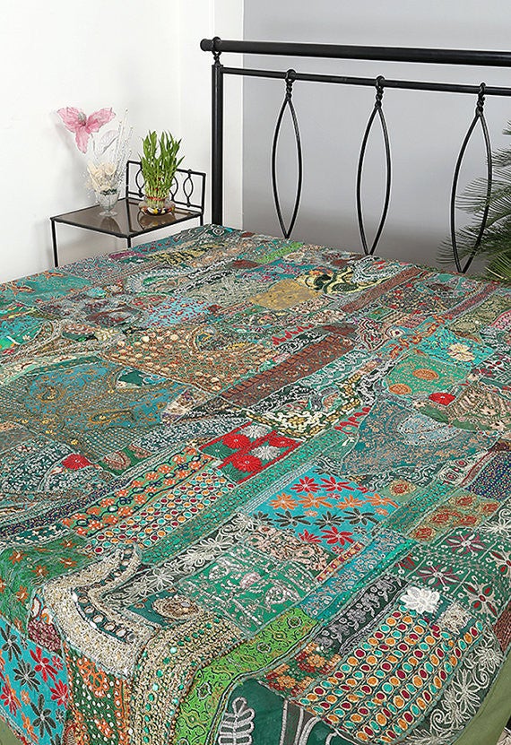 Green patchwork bedspread indian embroidered queen bedding bed cover-Jaipur Handloom