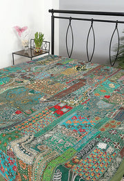 Green patchwork bedspread indian embroidered queen bedding bed cover-Jaipur Handloom