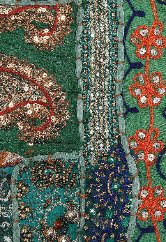 Green patchwork bedspread indian embroidered queen bedding bed cover-Jaipur Handloom