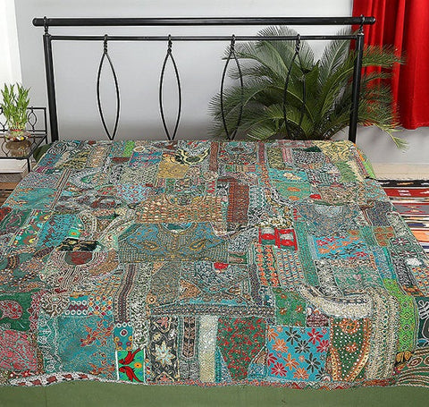 Green patchwork bedspread indian embroidered queen bedding bed cover-Jaipur Handloom