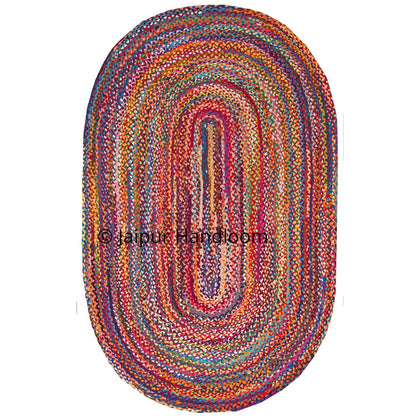 Hand Braided Bohemian Colorful Cotton Chindi Area Rug Oval Shape Floor Mat Rug-Jaipur Handloom