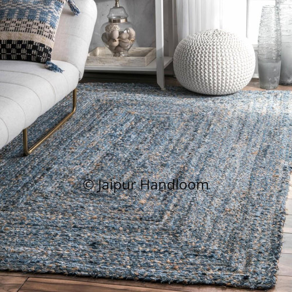 Hand Braided Denim Jute Mix Run Runner, Living Room Area Carpet - 3 X 4 ft-Jaipur Handloom