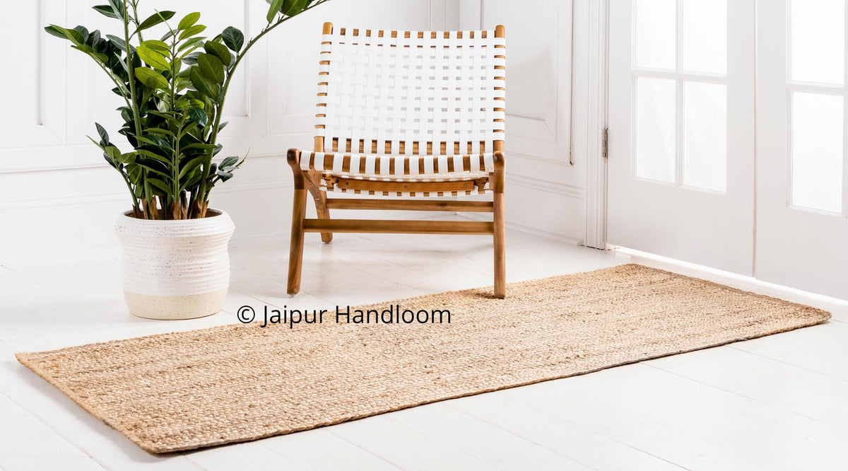 Jute Braided Floor Rugs Nature Jute Area Rug Rag Meditation Yoga Mat 2X8 feet-Jaipur Handloom