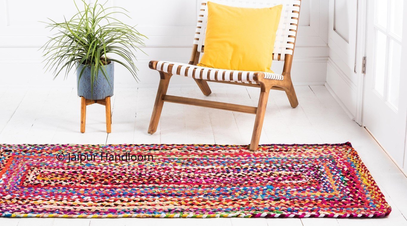 Living Room Braided Cotton Area Carpet Floor Mat Jute Rag Rugs 2X6 ft-Jaipur Handloom