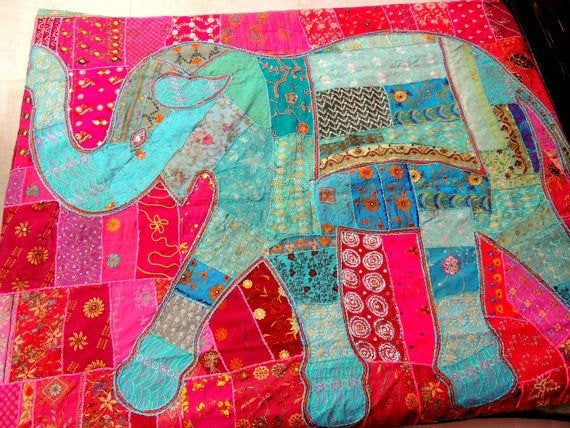 Hand Stitched Patchwork Blanket Elephant Applique Reversible Quilt Gudri Throw-Jaipur Handloom