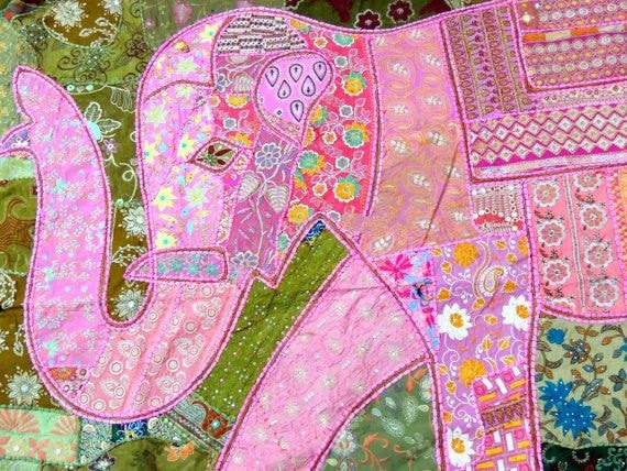 Hand Stitched Patchwork Blanket Elephant Applique Reversible Quilt Gudri Throw-Jaipur Handloom