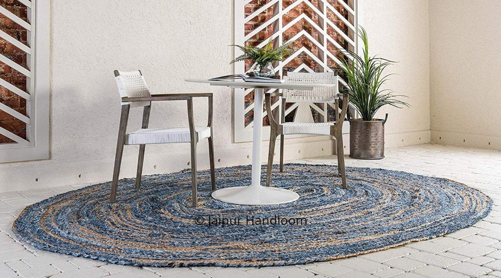 Hand Woven Chindi Braided Solid Area Carpet,Denim Jute Braided RAG RUG