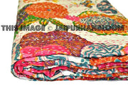 Handmade Kantha Quilt In White, Floral Kantha Blanket, Kantha Bedspread, Kantha Throw, Kantha Bedding, queen kantha Blanket, Indian Sari Quilt-Jaipur Handloom