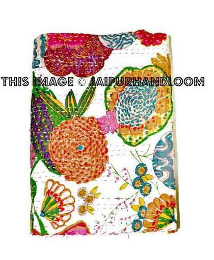 Handmade Kantha Quilt In White, Floral Kantha Blanket, Kantha Bedspread, Kantha Throw, Kantha Bedding, queen kantha Blanket, Indian Sari Quilt-Jaipur Handloom