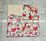 Handmade Kantha Quilt in Beige, Floral Kantha Bedspread, Twin Bedcover, Sofa Throw, Bird Kantha Blanket-Jaipur Handloom